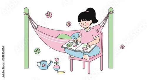 Childhood Joy Drawing Flowers In Hammock Outdoor Serenity