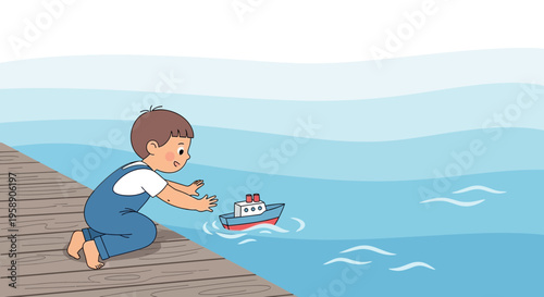 Childhood Joy Playing With Toy Boat By The Water