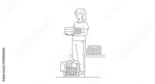 Young Woman Organizing Fresh Clean Laundry and Stacking Clothes Line Art Illustration Vector
