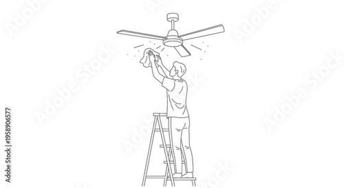 Domestic Cleaning Service Concept with Man on Stepladder Wiping Dust from Ceiling Fan Illustration