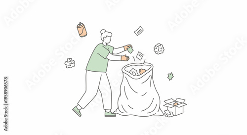 Minimalist Illustration of a Person Throwing Waste Into a Large Garbage Bag Vector