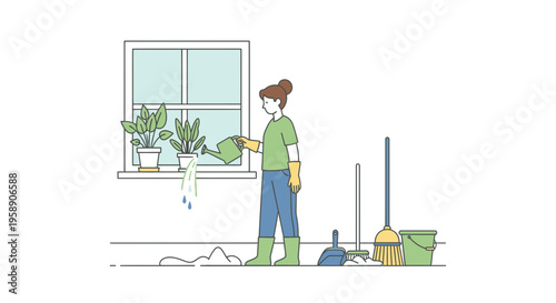 Woman Watering Indoor House Plants on Windowsill with Cleaning Tools Vector Illustration