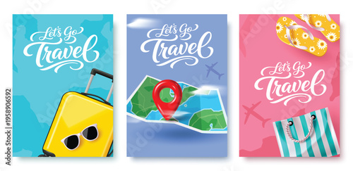 Travel Poster Set with Luggage Map and Summer Beach Accessories Vector