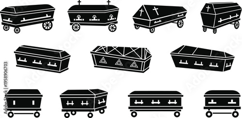 Set of black coffin silhouettes and funeral casket icons on wheels for burial services cemetery equipment and mortuary design elements
