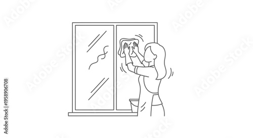 Minimalist line art illustration of a woman cleaning window glass for housework vector design element