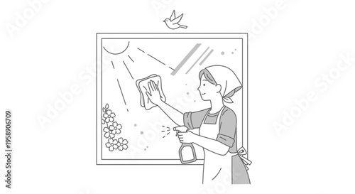 Woman Wiping Window Glass with Spray Bottle and Cloth Vector Illustration of Home Cleaning Service