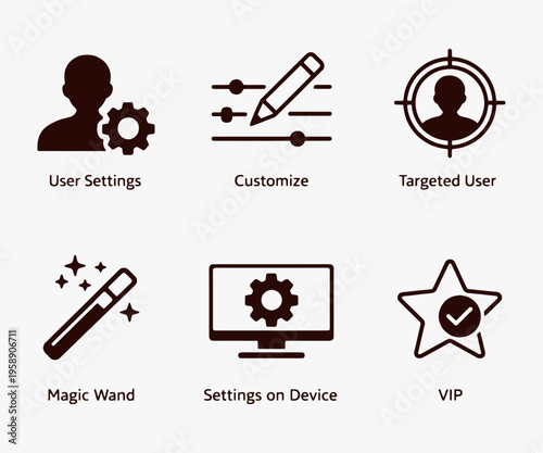 A set of Personalization icons focuses on simplicity, elegance, and ease of recognition. Vector Sign for Logos, Labels, and Icons.