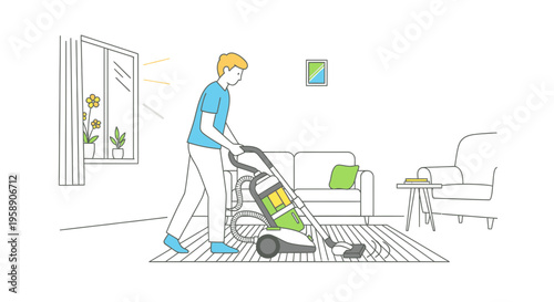 Man Cleaning Living Room Carpet With Vacuum Cleaner Vector Illustration