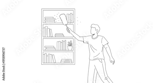 Person Cleaning Bookshelf with Feather Duster Minimalist Line Art Vector Illustration