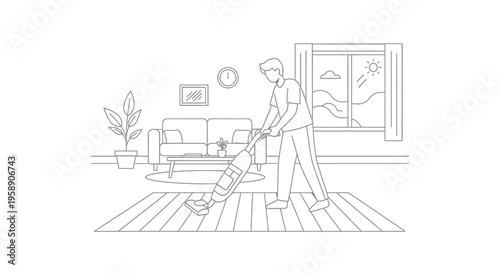 Minimalist Line Art Vector Illustration of a Person Vacuuming the Carpet in a Modern Living Room