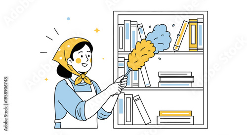 Woman Dusting Bookshelf with Feather Duster Vector Illustration Design Element for Cleaning Services