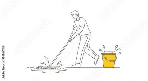 Minimalist Line Art Illustration of a Man Mopping Floor with a Bucket for Cleaning Services