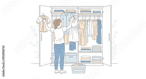 Woman decluttering and organizing clothes in wardrobe for donation vector illustration