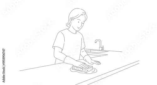 Person Cleaning Kitchen Countertop with Sponge and Gloves Vector Line Art Illustration