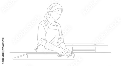 Woman Cleaning Kitchen Counter With Sponge Illustration Vector Line Art Design Element