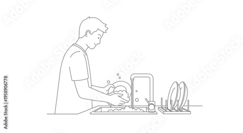 Man Washing Dishes in Kitchen Sink Minimalist Vector Illustration Line Art Drawing