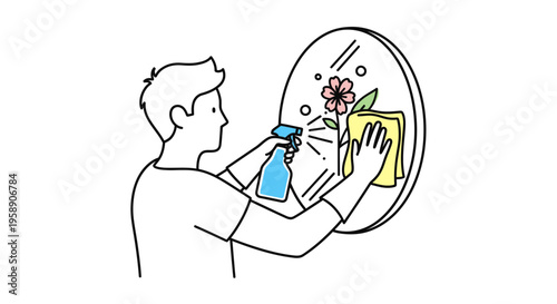 Man Cleaning Round Mirror with Spray Bottle and Cloth Housework Service Illustration Vector