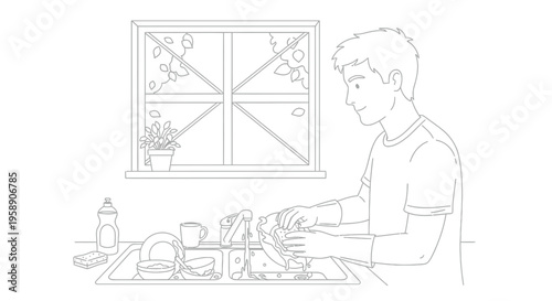 Young Man Washing Dishes in Kitchen Sink Line Art Vector Illustration for Domestic Chores