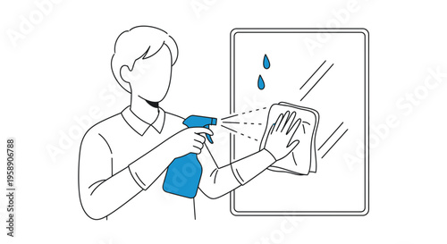 Person cleaning glass mirror with spray bottle and cloth household chores vector illustration design