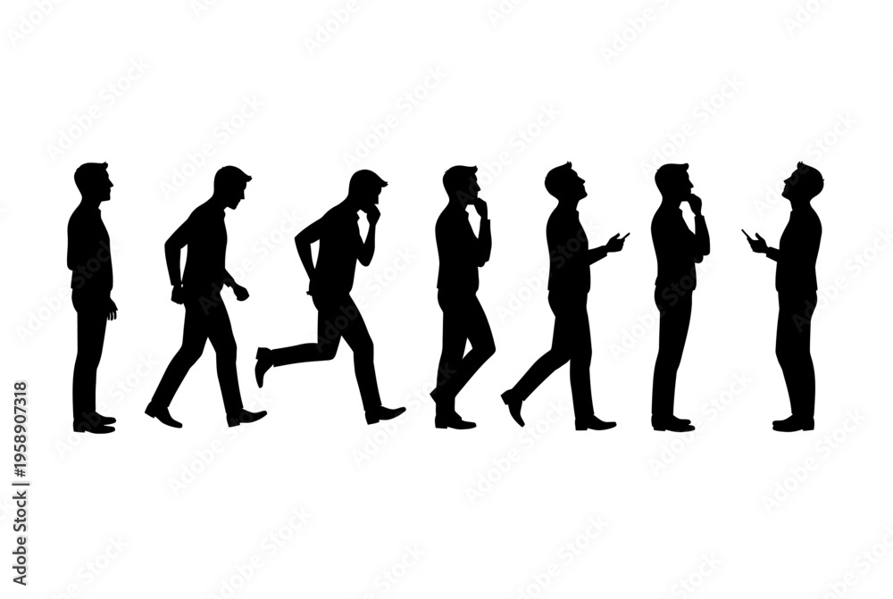 Obraz premium Seven people walking and using phones in a line on white background