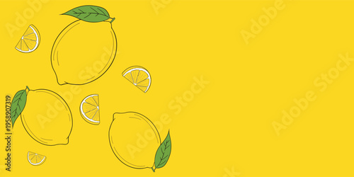 Ripe juicy lemons, orange and green leaves on bright yellow background. Lemon fruit. Creative summer minimalistic background. Flat lay, top view, copy space.