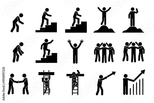 A set of black silhouettes depicting people in various celebratory and teamwork poses on different platforms and with others.