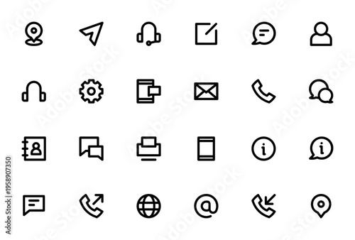 Contact Us icon set. Vector communication symbols pack. Includes phone, email, chat, message, smartphone, settings and more. Editable stroke.