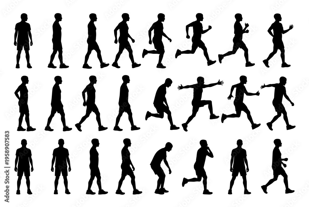 Fototapeta premium A diverse group of people walking and running in various poses and styles.