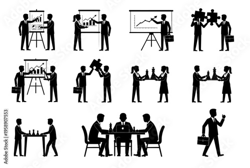 Business professionals engage in various office activities and meetings in a modern workspace setting with colleagues.