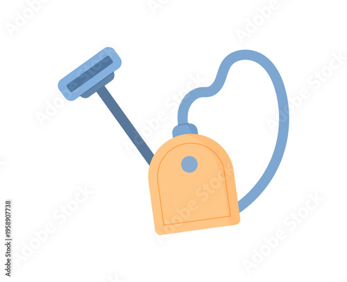 Modern vacuum cleaner icon in flat style. Simple home cleaner device as orange and blue container on white background. Handy goods box for support of charity donate drive or recycle aid concept