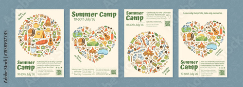 Vertical poster set with color doodle style shows family summer camp adventure. Outdoor trip scene with tent, campfire and hiking activities as collection.