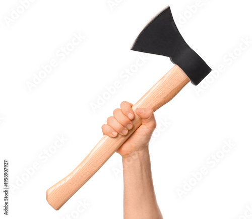 Hand with ax on white backg...