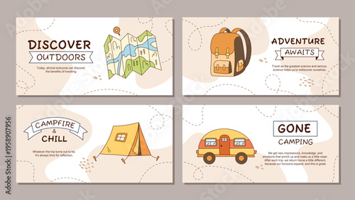 Color camp adventure doodle banner pack with car, tent, backpack and map icon. Campfire and travel background for camp or adventure use. Vector style adds a fun, colorful element for outdoor trip or