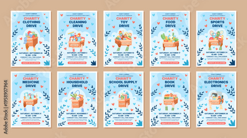 Set of charity help box banner in flat style. Volunteer donation box banner with gift and care for needy community. Charity help background support people and donate goods, ideal for print poster
