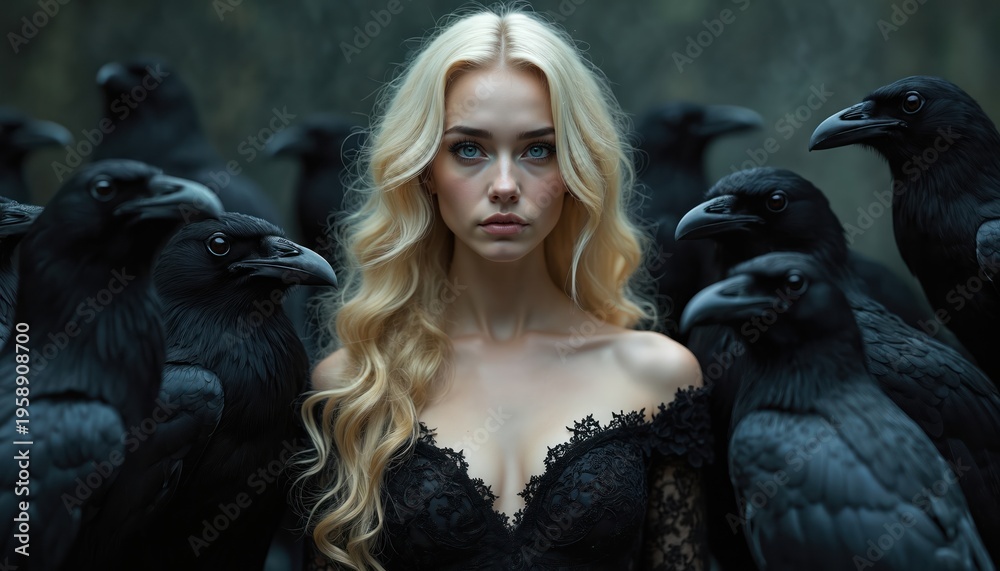 Fototapeta premium Beautiful blonde woman in black dress stands with flock of black ravens. Birds surround her on dark moody background. Fantasy portrait of sorceress with crows.