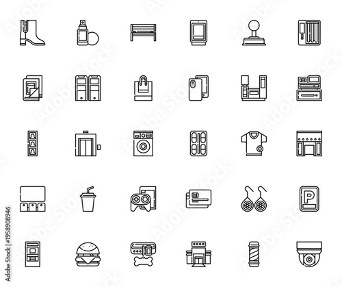 Mall icon set. Shopping center vector icons pack. Minimalist thin line symbols for boots, makeup, arcade, security, shopping bag, cinema, parking, ATM and more. Editable stroke.