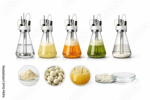 Innovative laboratory setup demonstrating diverse liquid compositions in glass flasks showcasing fermentation processes and mixtures highlighting biochemical transformations and nutritional
