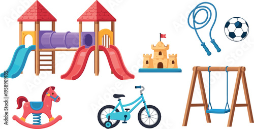 Kids Playground and Outdoor Toys Vector Set Featuring Slides, Swing, Bicycle, Jump Rope, Ball, Rocking Horse, and Sandcastle Elements