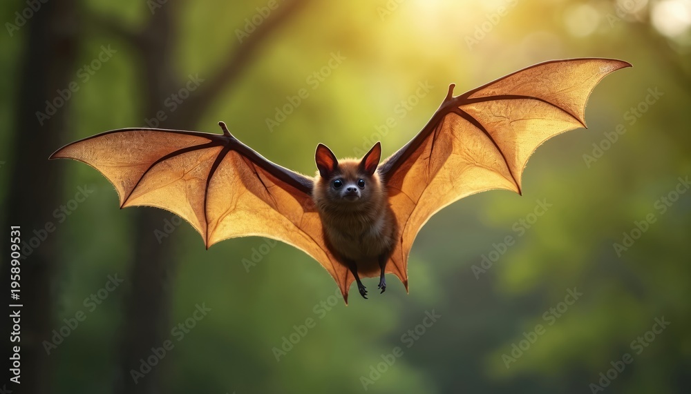Obraz premium Furry bat with large wings flies in forest sunlight. Animal hunts at dusk, flutters wings showing delicate membrane. Nocturnal creature in flight, nature wildlife.