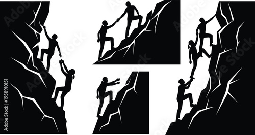 Set of mountain climbers silhouettes helping each other to reach peak on rocky cliff isolated on white background vector illustration