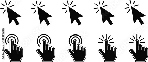 Set of mouse cursor and hand pointer icons for web design, digital clicking navigation symbols, and interactive user interface