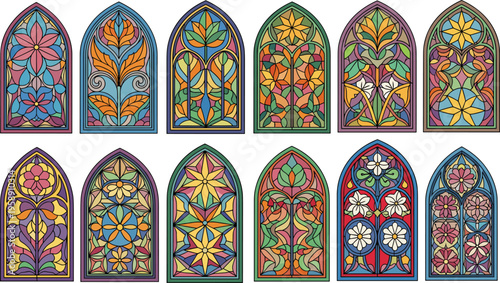 Set of ornate Gothic stained glass window designs with floral patterns and geometric mosaics isolated on a white background fo