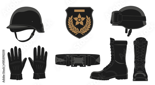 Tactical Military Soldier Equipment and Uniform Accessories Vector Illustration Design Elements