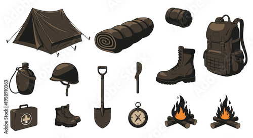 Military Survival Gear and Soldier Camping Equipment Illustration with Tent Backpack and Boots