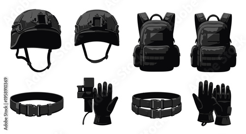 Military Soldier Equipment Kit Silhouette Illustration Set with Helmet Backpack and Tactical Gear