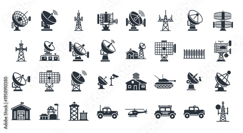 Military Base Equipment and Communication Radar Silhouette Vector Illustration Set
