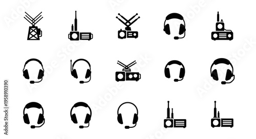 Tactical Field Radio and Headset Communication Icons Vector Illustration Set