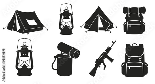 Military Camping Gear and Army Survival Equipment Silhouette Vector Illustration Design Element