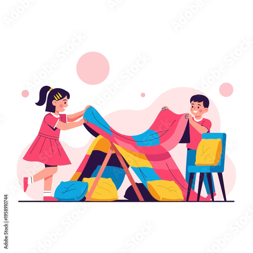 Children Building Cozy Indoor Fort Adventure Together Outdoors Fun