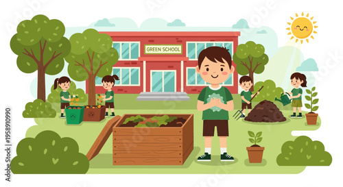 Children Engaged In Gardening Activities At A Verdant School Environment